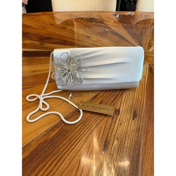 La Regale Handbags - La Regale Silver Evening Clutch Bag with Floral Detail Formal Purse